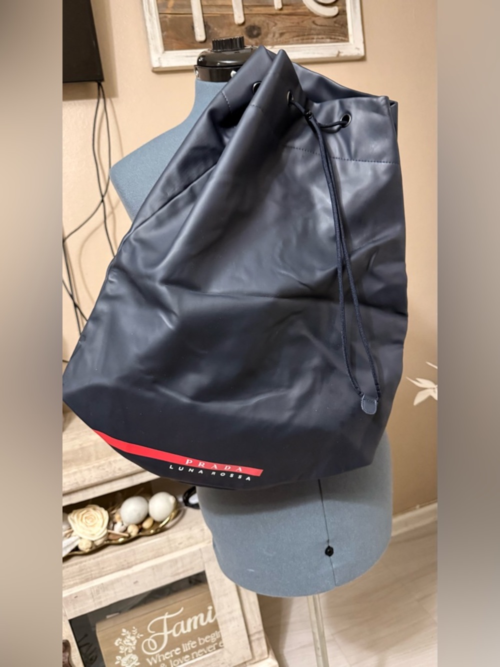 Prada  Drawstring Duffel with Red Logo Stripe